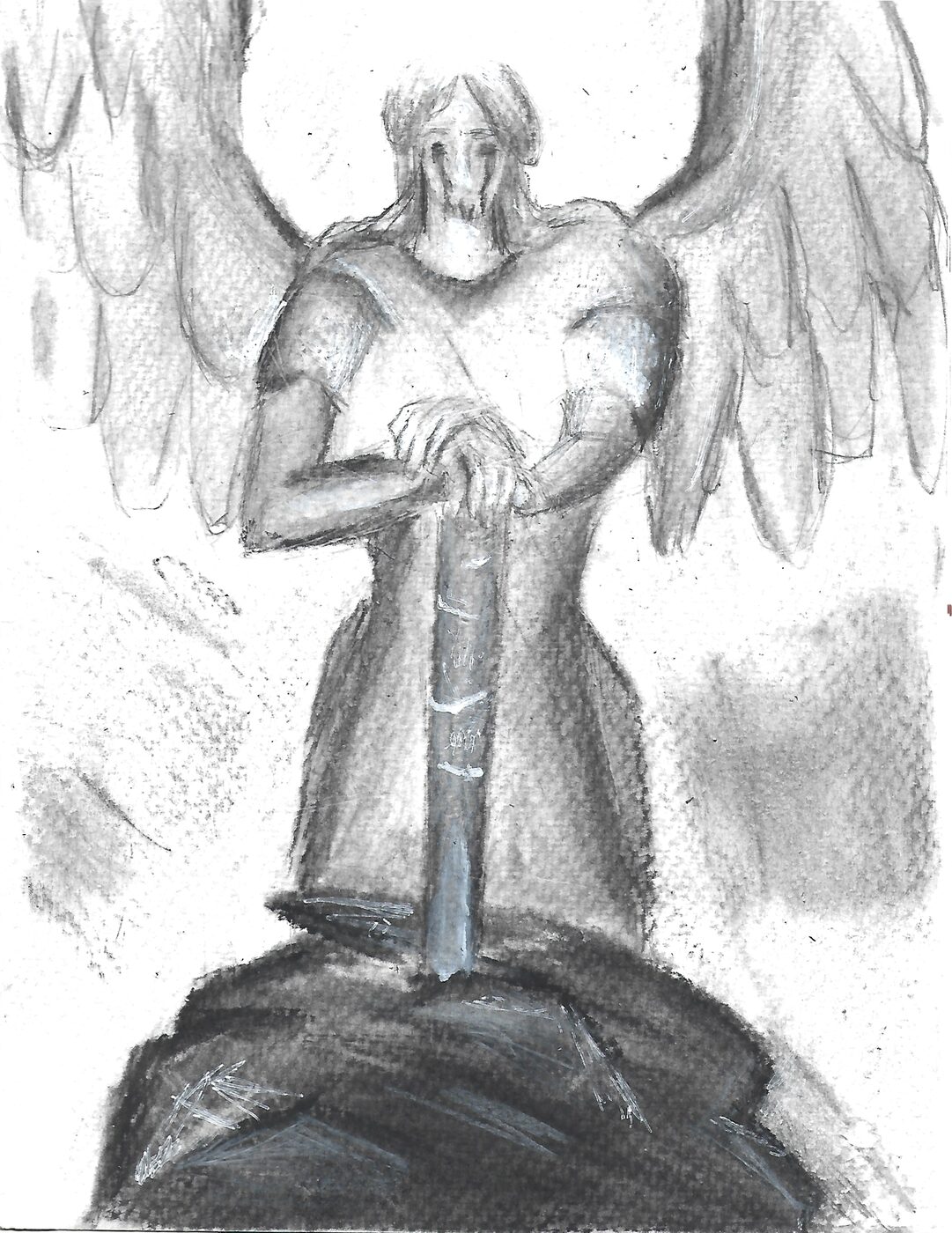 Gray wash drawing of a winged figure resting both hands on the hilt of a sword planted in a dark rock