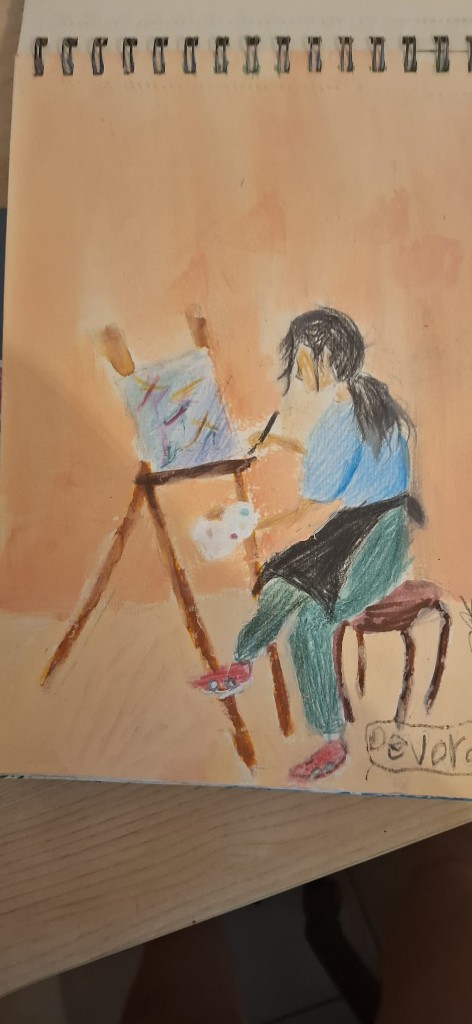Hand-painted illustration of an artist painting at a wooden easel