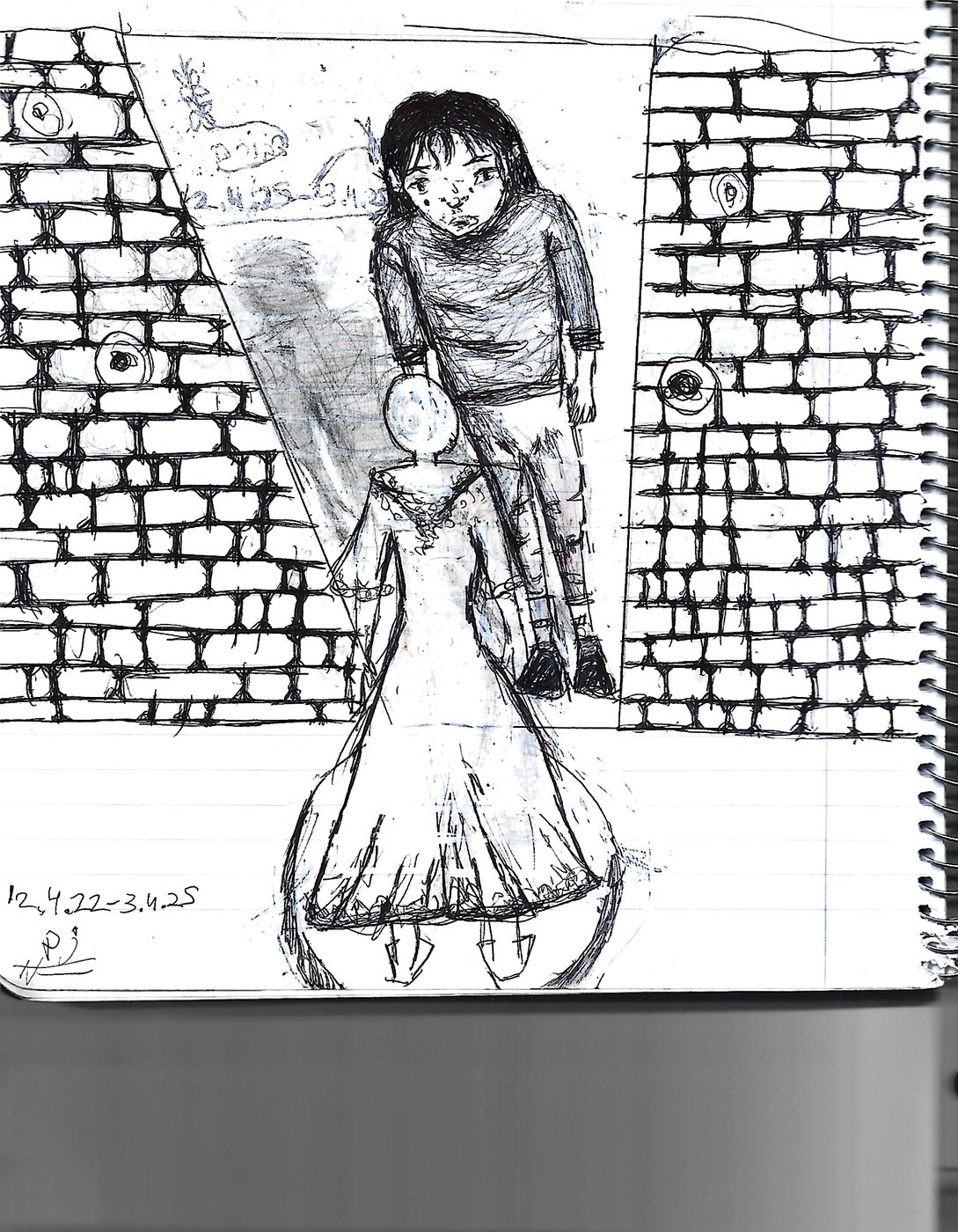 Ink drawing on notebook paper of a girl in a white dress, seen from behind, facing a sad girl in a dark sweater between brick walls full of eyes