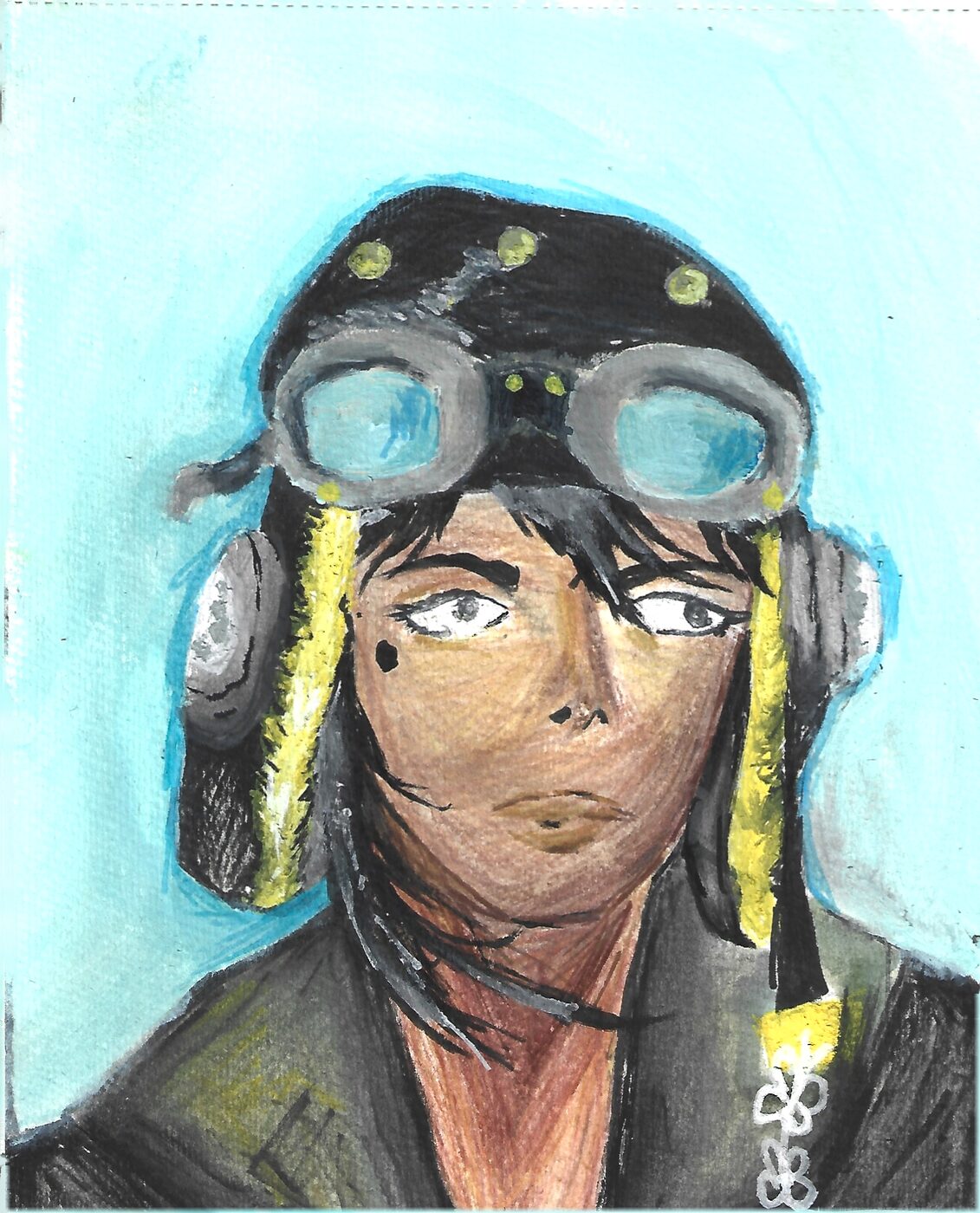 Painted portrait of a dark-haired girl in a black leather flight cap with goggles pushed up, against a sky-blue background