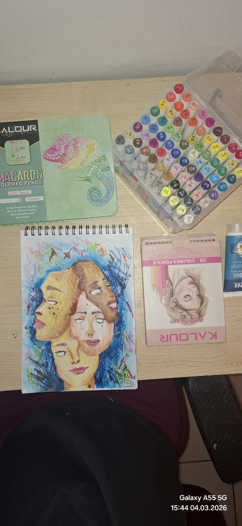 Illustration of four overlapping stylized female faces in colored pencil