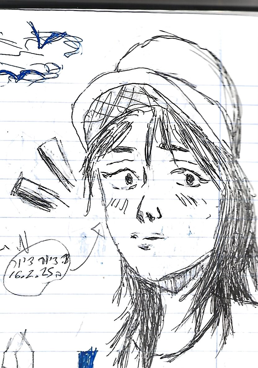 Ballpoint pen sketch on lined notebook paper of a worried-looking girl with long hair under a wide hat