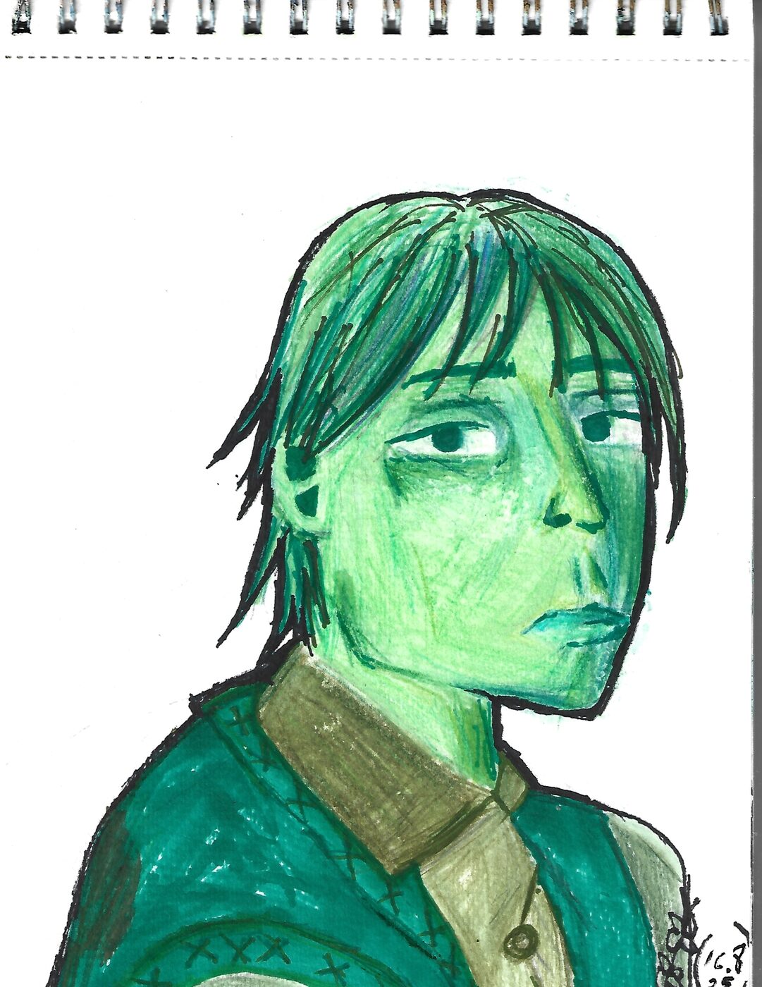 Marker and colored pencil portrait of a young man drawn entirely in shades of green, with a brown collar, glancing sideways