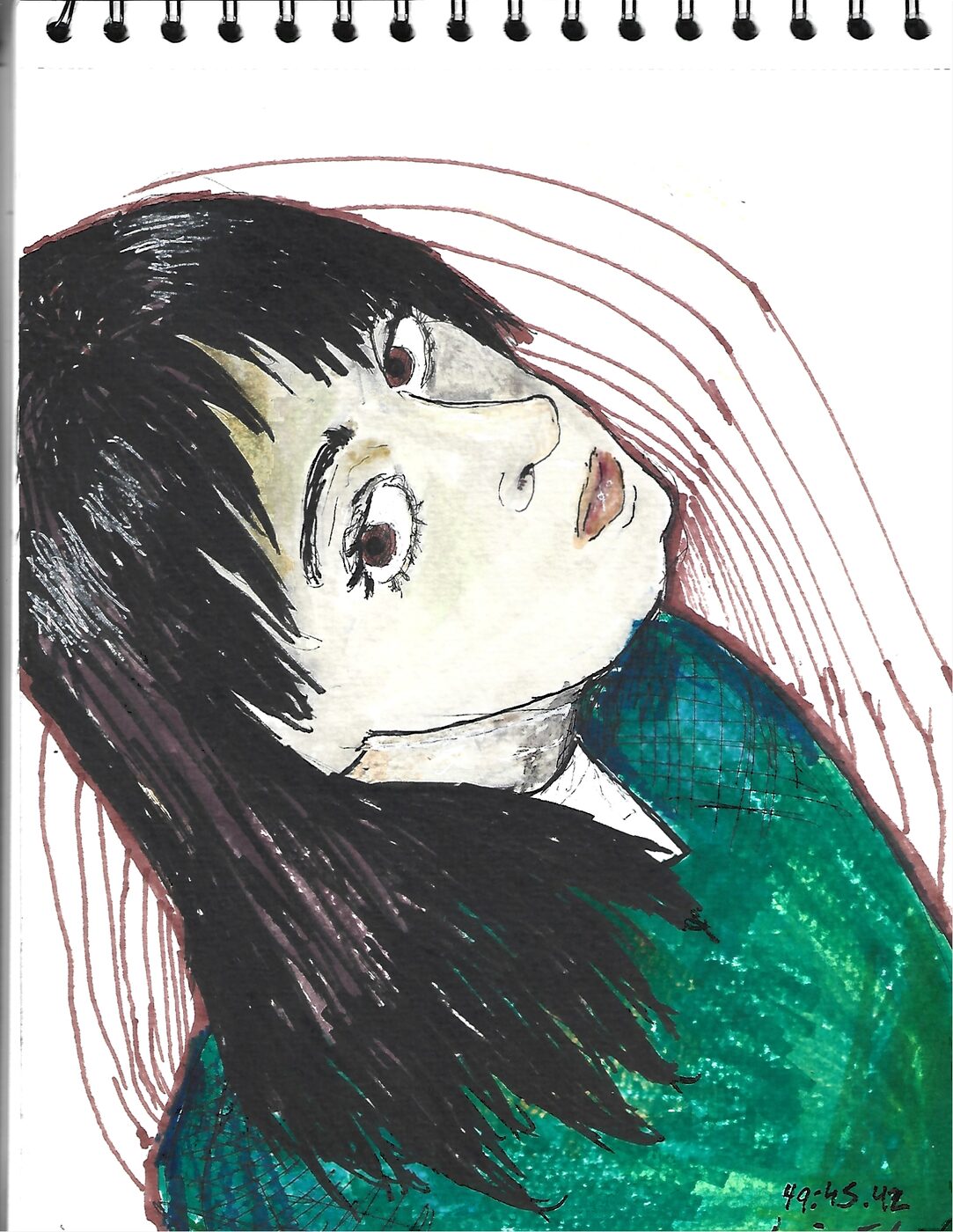 Ink and watercolor portrait of a girl with long black hair tilting her head back, wide brown eyes, in a green sweater, framed by maroon lines