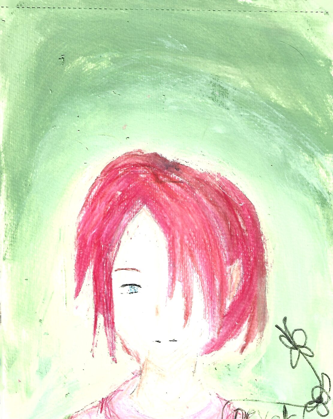 Pastel portrait of a pale figure with bright red hair covering half the face, against a soft green background with doodled flowers