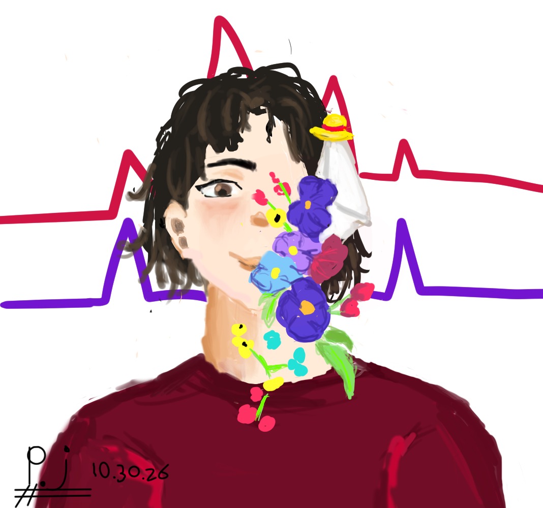 Digital self-portrait of a dark-haired figure in a maroon sweater, one side of the face covered in blue, purple and red flowers with a small yellow straw hat, in front of red and purple heartbeat lines