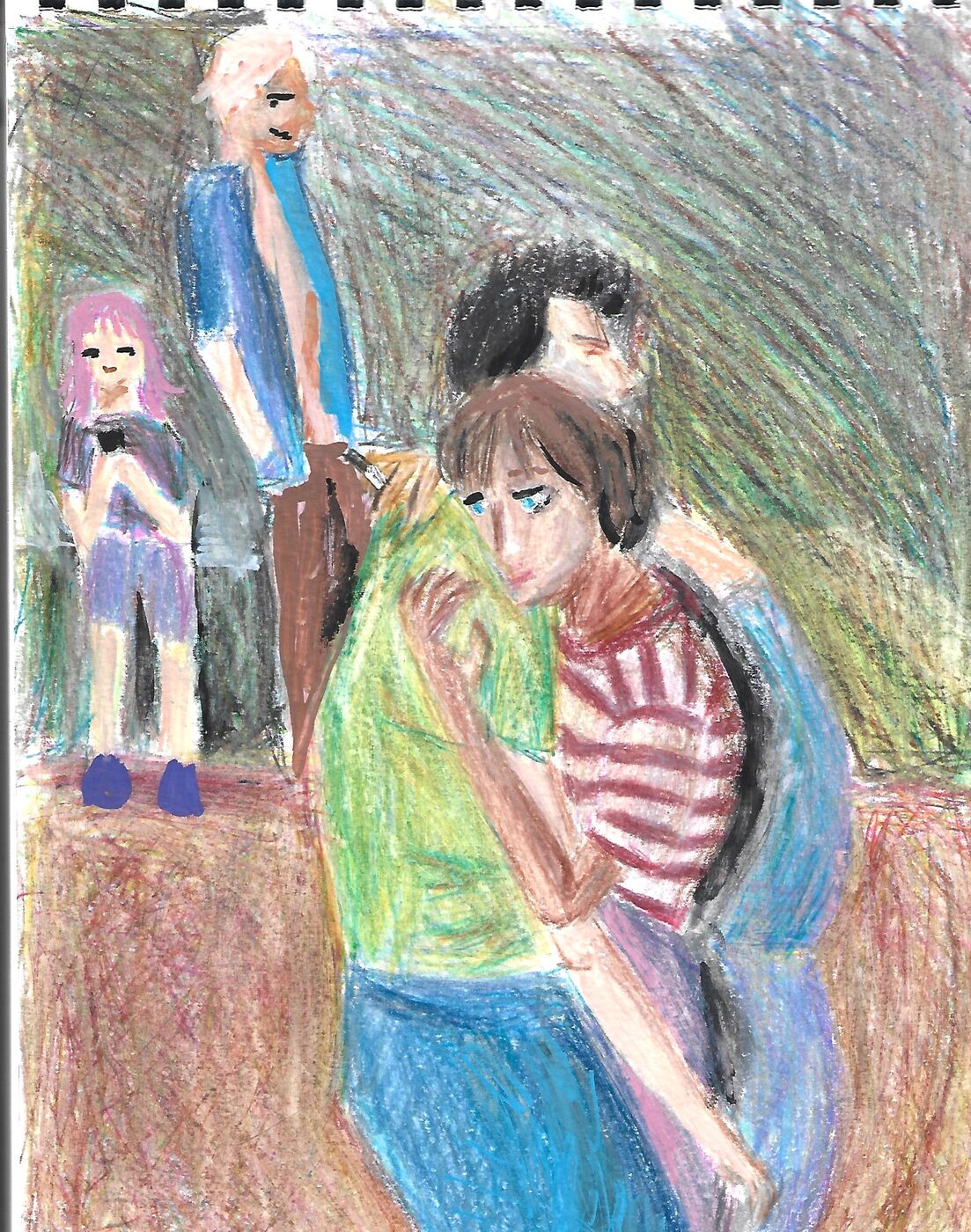 Colored pencil drawing of a couple holding each other close while a girl with pink hair and a tall blond figure watch from behind